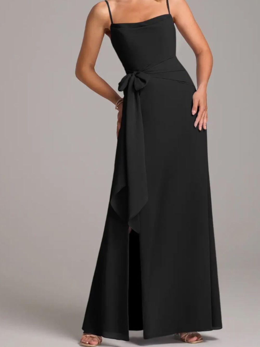 Azazie Tahlia - Black A-Line with Belt Chiffon Dress - size 2